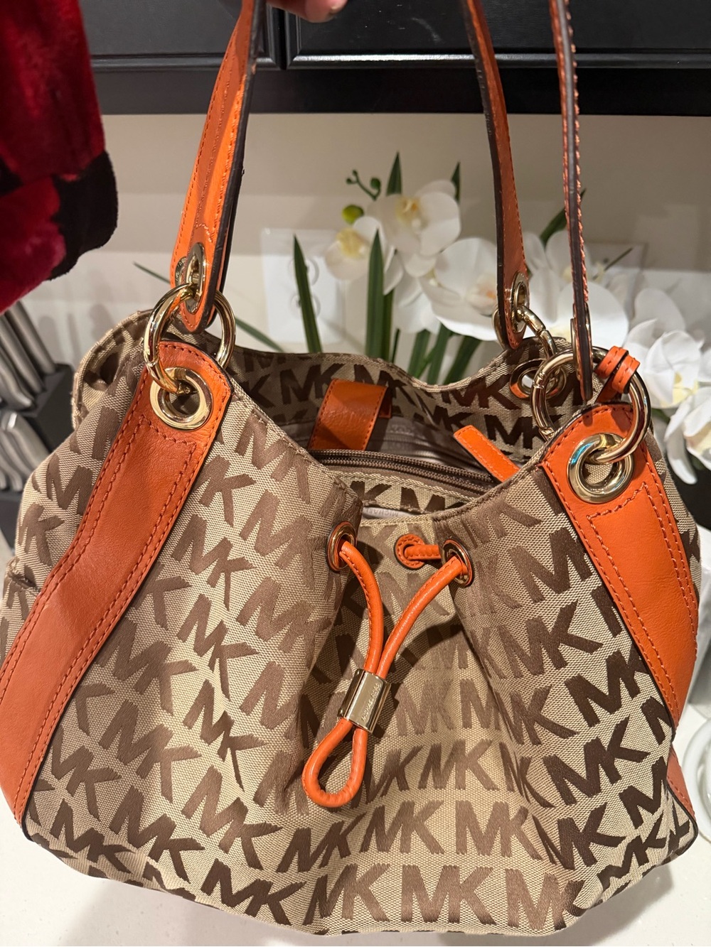 Michael Kors Beige Brown MK Ludlow Monogram Canvas Shoulder Bag with Orange Trim
